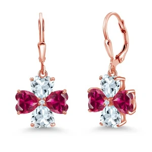 18K Rose Gold Plated Silver Created Ruby and Aquamarine Dangle Earrings For - Picture 1 of 3