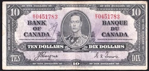 Canada 1937 $10 Ten Dollar Banknote Coyne - Towers K/T 0451783 BC-24c - Picture 1 of 2