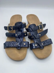 Vionic 7 Misa Slide Sandals Orthotic Shoe Blue Patent Leather Hook Loop - Picture 1 of 10