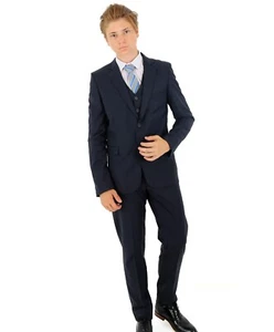 Boys Bar Mitzvah Suit Tailored Fit Navy Blue Wedding Page Boy Prom 3 Piece Set - Picture 1 of 9