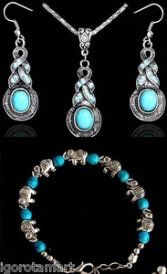 Tibetan Silver Blue Turquoise Pendant Necklace Bracelet Jewelry Girl Womens Teen - Picture 1 of 10