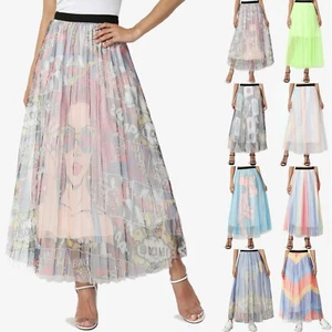 TheMogan Cartoon Print Mesh Overlay Elastic Waist Pleated A-Line Long Maxi Skirt - Picture 1 of 38