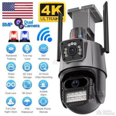 HANKS MINERALS Dual Lens 4K WiFi Security Camera 8X Zoom Outdoor Home Night Vision CCTV PTZ