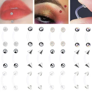 12X Multitype Clear Curved Bar Eyebrow Ring Crystal Bioflex Barbell Lip Piercing - Picture 1 of 17