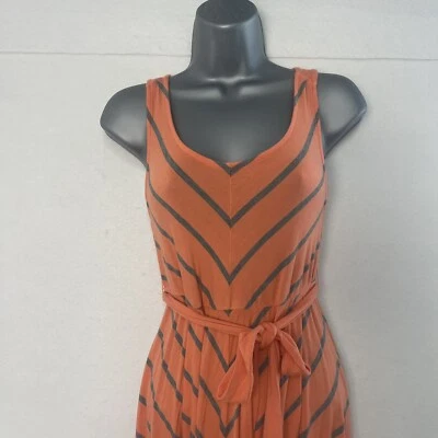 Liz Lang Maternity Womens Size XS Maxi Dress Orange Gray Stripe Tie Belt Stretch - Image 1 of 4