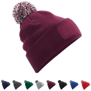 Patch Beanie Hats Mens Womens Two Tone Bobble Pom Pom Winter Headwear Unisex - Picture 1 of 22