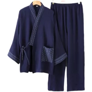 Men Cotton Pajamas Set Japanese Yukata Kimono Robe Pants Sleepwear Blue Autumn - Picture 1 of 12