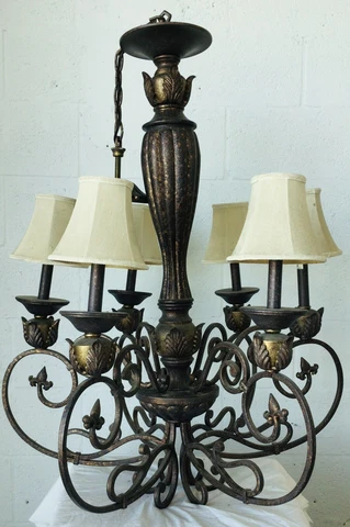 Six Candle Design Hanging Chandelier 36”T x 29”W Light Ornate Metal Cover