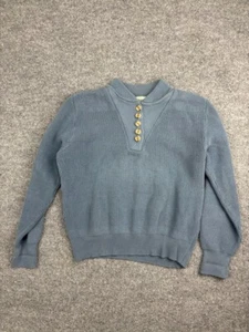 Vintage 80s REI Sweater Women's Medium Blue 1/4 Button Cotton Mock Neck - Picture 1 of 5