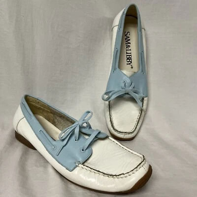 Light Blue Sam & Libby Loafers White Leather Moccasins Boat Shoes Low Madison 10 - Image 1 of 4