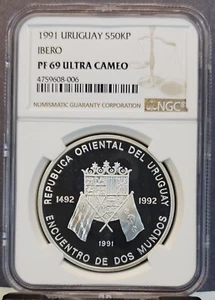 1991 URUGUAY SILVER 50000 PESOS S50KP IBERO NGC PF 69 ULTRA CAMEO RARE TOP POP - Picture 1 of 3