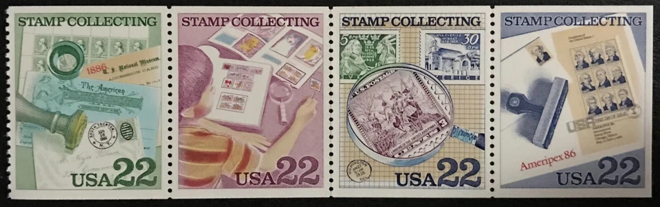 1986 #2198-2201 - 22¢ - STAMP COLLECTING - Booklet Strip of 4 Stamps - Mint NH - Image 1 of 1