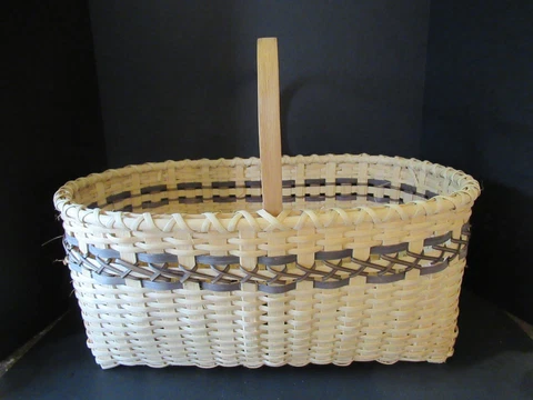 Vintage handmade woven basket large blue brown top handle 23" x 16" Cape Cod Cover