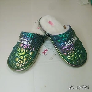 Justice purple Girls Slip-on Scuff Slippers Size 6 prismatic flowers. - Picture 1 of 4
