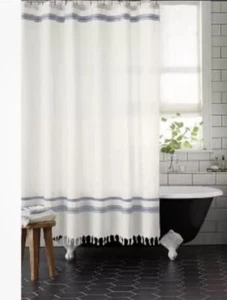 HERZ & HAND Duschvorhang Sauer Creme/Blau Bestickt Streifen DPCI 324-02-0456 - Bild 1 von 2
