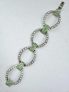 Vintage Silver Plated Link Bracelet with Czechoslovakian Rhinestones Green - Picture 1 of 5