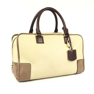 Loewe Amazona Handbag Mini Boston Bag Leather Beige Bordeaux 20635 Women's Auth - Picture 1 of 8