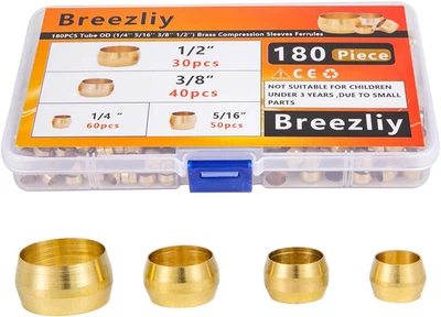 180PCS Tube OD（1/4" 5/16" 3/8" 1/2") Brass Compression Sleeves Ferrules,4 Sizes  - Image 1 of 4
