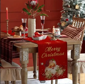 Vintage Santa Claus Christmas Table Runner-Red & Golden Merry Christmas-13x72in - Picture 1 of 4