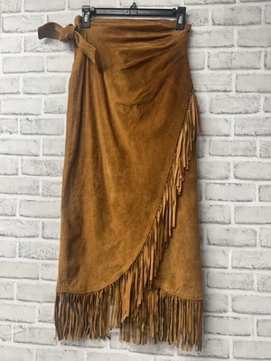 VTG Cedars Brown Suede Leather Fringe Wraparound Skirt Sz S. - Image 1 of 4