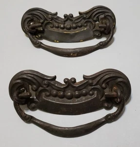 2 Antique Stamped Bail Pulls, 1 Brass & 1 Steel, 3" Centers, 4" Wide, 2.5" Long - Picture 1 of 6