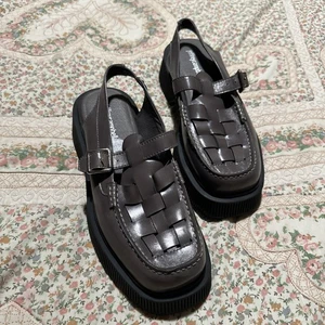 Jeffrey Campbell grau Plateau eckige Zehenpartie Blockabsatz gewebt Slingback Halbschuhe 8 - Bild 1 von 11