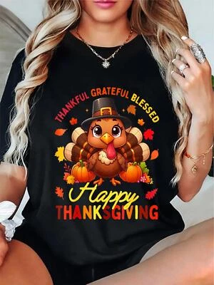 noozuo Cotton Thankful Grateful Blessed Happy Thanksgiving Turkey T-Shirt - Image 1 of 3
