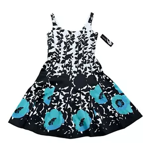 NWT $128 NINE WEST Fit & Flare Dress Floral Print Black & Aqua Combo Size 8 - Picture 1 of 12