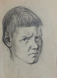 Antike Bleistiftzeichnung Wütender Junge Portrait - Bild 1 von 8