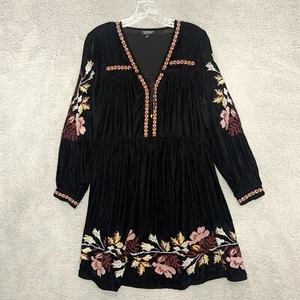 Topshop Dress Womens 4 Black Velvet Floral Embroidered Boho Party Holiday - Picture 1 of 13