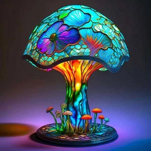 Painting Mushroom Table Lamp, 5.9 Inch New Stained Glass Plant Night Light, Bohe - Picture 1 of 12
