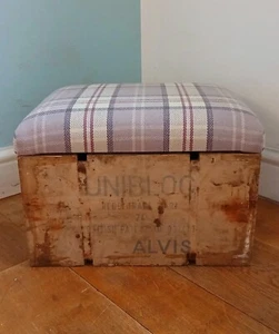 Tartan Check Footstool Ottoman with Rustic Waxed Wooden Crate Box. Purple. - Picture 1 of 4