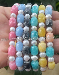 9x11mm Cylinder Aquamarine Jade Gems & White Pearl Stretch Bangle Bracelet 7.5" - Picture 1 of 32