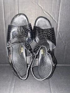 SAS Womens Suntimer Sandals Sz 9 Wide Black Croc Print Leather Hook/Loop USA - Picture 1 of 6