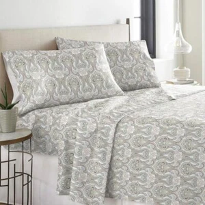 N 4 Piece Deep Pocket Grey White Queen Sheet Set Paisley Pattern Themed - Picture 1 of 2