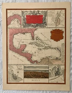 AMAZING VINTAGE ART LITHOGRAPH ANTIQUE HISTORY COLOR MAP GULF OF MEXICO SPANISH - Picture 1 of 1