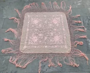 Vintage Manila Handmade Roses Silk Shawl Embroidered Floral Scarf 110x102 cm - Picture 1 of 13