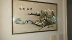 ANTIQUE FRAMED EMBROIDERED CHINESE VILLAGE ON SILK 24" X 15"