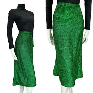 VTG 70S EMERALD GREEN GLITTERY LUREX MIDI SKIRT WITH SLIT SIZE 14 - Picture 1 of 9