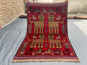 Afghan Pictorial Rug 3'3x4'8 ft – Vintage Hand Knotted Tribal Animal Wool Rug - Picture 1 of 9