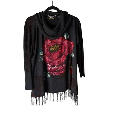 Suéter Desigual Para Mujer Grande Floral Capucha Cuello Flecos Boho Pullover Top Foto 1 de 4