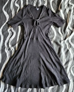 Stretch Ribbed Mini Skater Dress With Front Lace Tie UK 10-12 - Picture 1 of 4