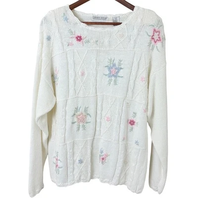 Suéter tejido vintage años 90 para mujer talla M blanco floral cabaña abuela bordado Foto 1 de 4