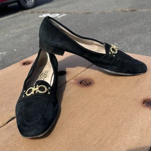 SALVATORE FERRAGAMO Size 9.5 AAA Black Suede Leather Loafers Horse Bit Women's - Picture 1 of 16