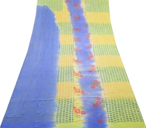 Sushila Vintage Green&Blue Saree 100%Pure Crepe Silk Printed Floral Soft Fabric - Picture 1 of 9