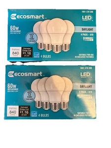 EcoSmart LED Light Bulbs 60W A19 Dimmable Daylight 5000K Damp Rated Ct 8 - Picture 1 of 2