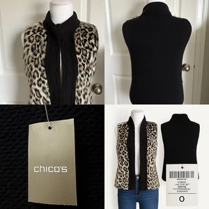 Chico’s Lady Lynx Faux Fur Sweater Vest Size 0(4) NWT Black Neutral Animal Print - Picture 1 of 7