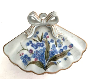 Lefton Porcelain Fan Shaped Trinket Box #574 Blue Forget Me Not Floral. Freeship - Picture 1 of 8