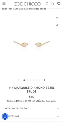 Zoe Chicco 14k Yellow Gold Marquise Diamond Bezel Stud Earrings $810 - Image 1 of 4