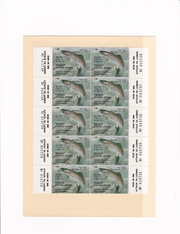 1978 Maryland Trout Stamp with Tabs #23 Adult Sheet of 10 - Image 1 of 1